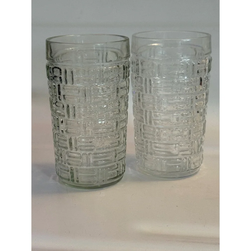 Vintage Clear Textured Basketweave Glass Tumblers Set of 2 Drinking Glasses